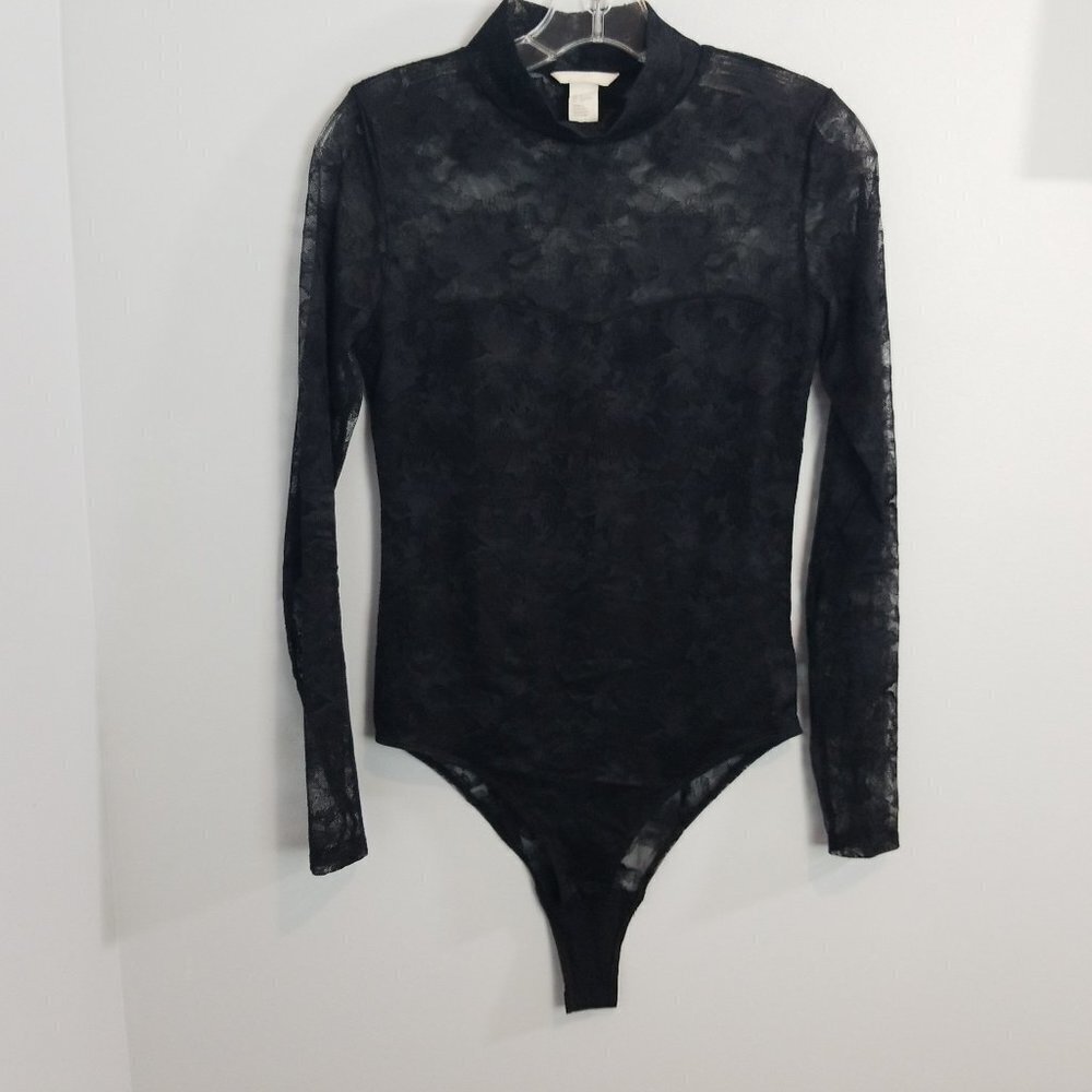 H&M Black LACE Bodysuit Long Sleeves Sweetheart S